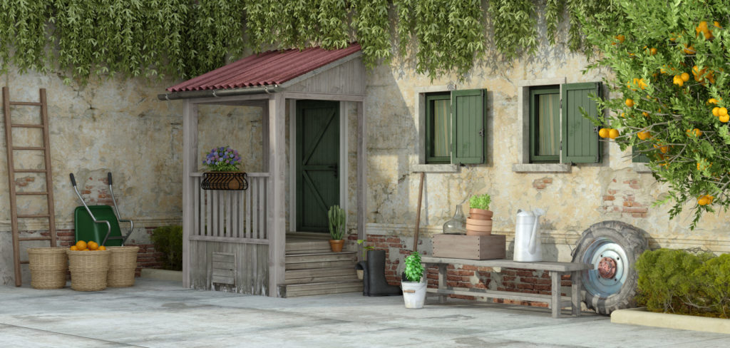 Old house with gardening tools - 3d rendering