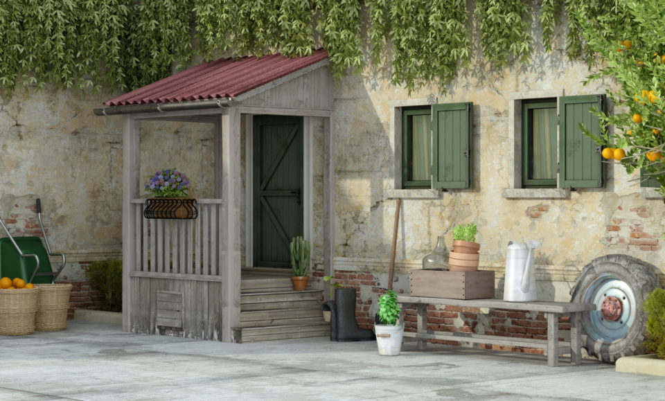 Old house with gardening tools - 3d rendering