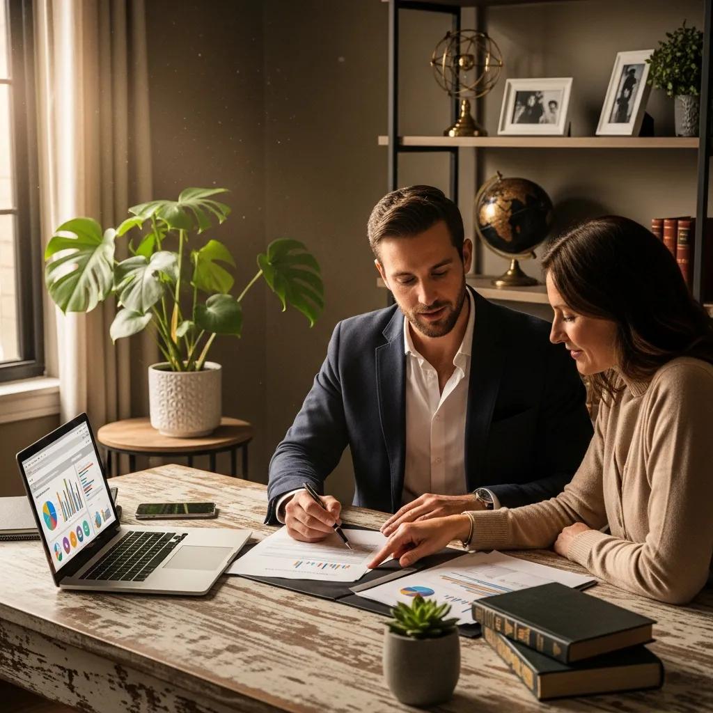 Consultant and homeowner reviewing real estate documents in a cozy home office
