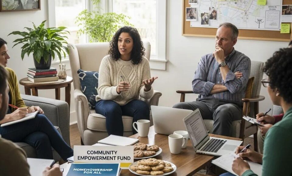 Diverse group discussing community empowerment strategies in a cozy setting