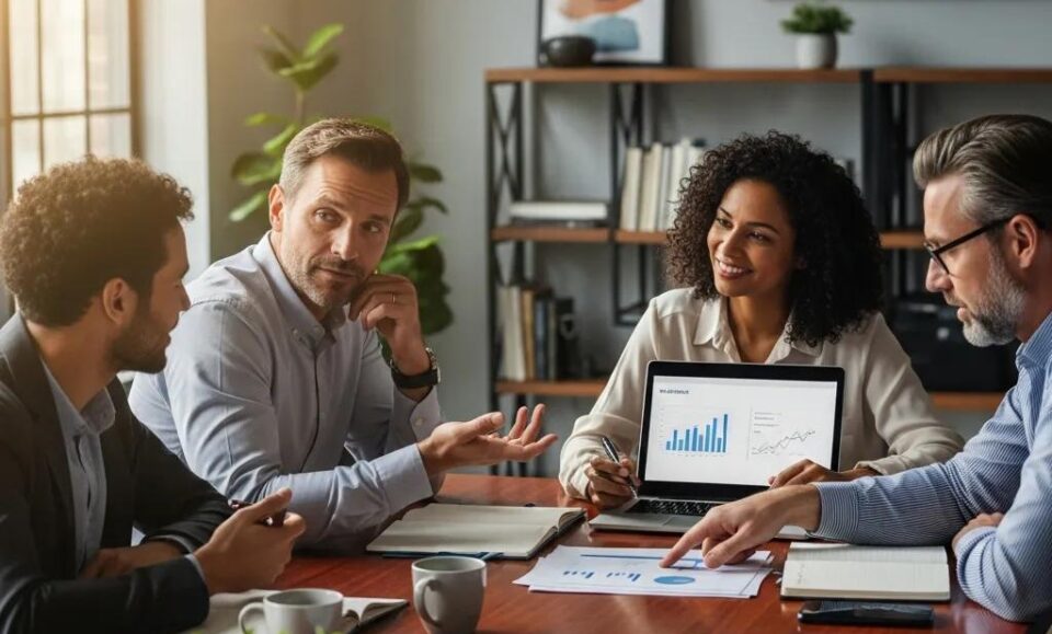 Diverse leaders collaborating in a modern office, emphasizing ethical leadership principles