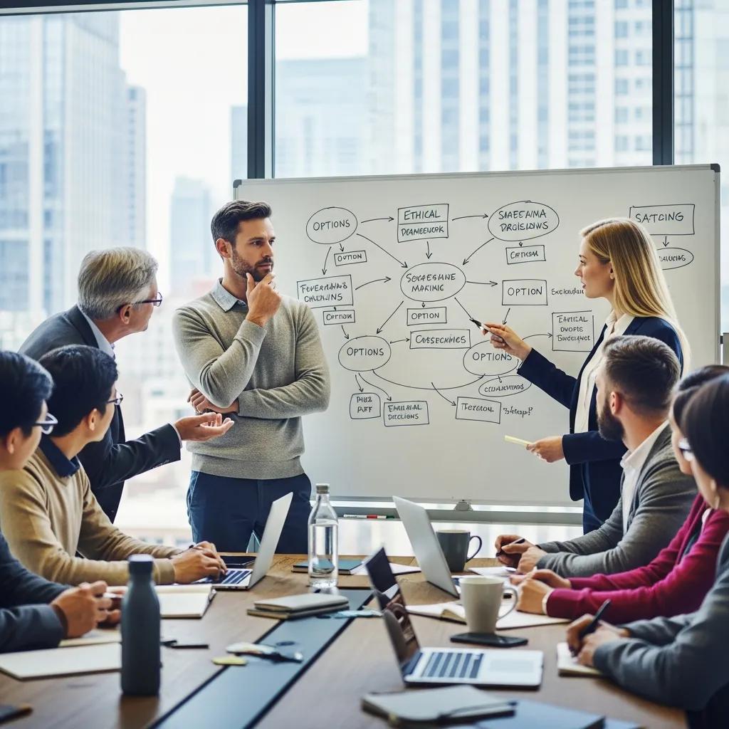 Leader analyzing options with team members during a discussion on ethical decision-making