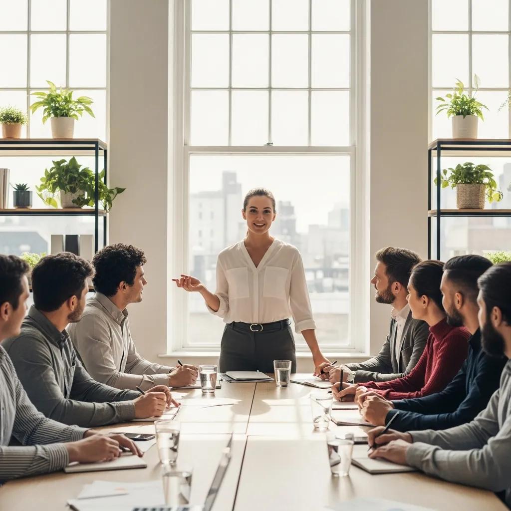 Leader communicating transparently with team members in a bright office setting